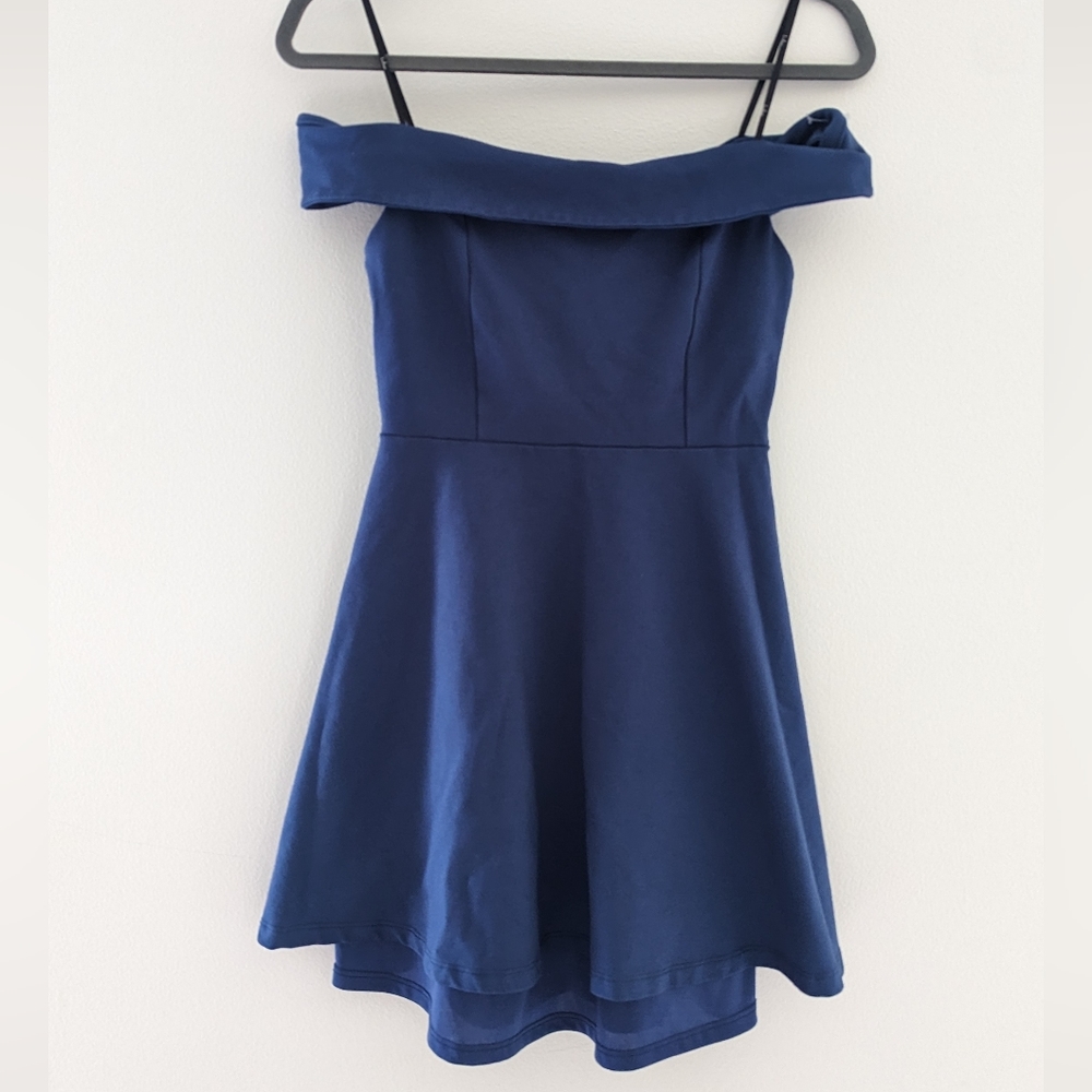 Lulus Off the Shoulder Fit & Flare Mini Dress Size small Solid Blue Color